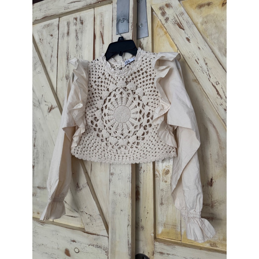 ZARA Crop Top Boho Prairie Crochet Ivory Cream Long‎ Sleeves Size Small